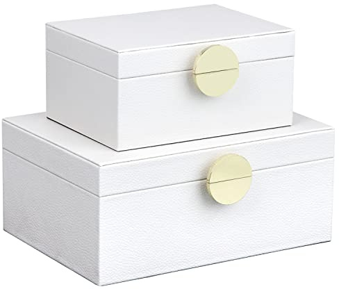 HofferRuffer Schmuckkästchen aus Kunstleder, dekorative Aufbewahrungsboxen, Zubehör-Organizer mit goldfarbenem Hardware-Dekor, klassisches veganes Leder, 2 Stück (weiß)