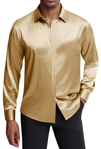 J.Ver Camisa de Vestir de satén de Seda para Hombre, de Manga Larga, Brillante, Informal, con Botones, de Lujo, para Fiesta de graduación, Oro, X-Large