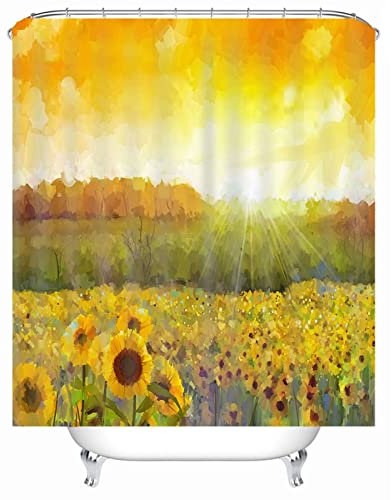 Whoiy Shower Curtains Floral, Duschrollo Um Die Ecke 165X180cm Polyester Duschvorhänge Sonnenblumenfeld Gelb Waschbar Wasserdicht