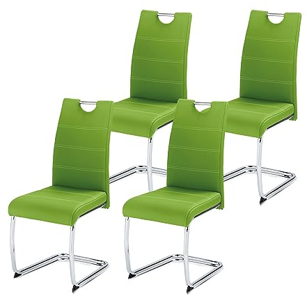 KHG 4er-Set Esszimmerstühle Schwingstuhl Polsterstuhl Küchenstuhl | Kunstleder grün, Designstuhl Sitzhöhe 48 cm, Freischwinger mit integriertem Griff, LED, für Esszimmer und Wohnbereich