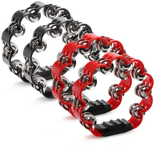 Okllen 4 Pack Double Row Hand Held Percussion Tambourine, Metal Jingles Handled Tambourine Bells Music Instrument for Adult, Tambourine Lover, Christmas Gift, Red&Black