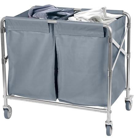 Nisorpa 2 Section Divided Laundry Trolley Foldable Laundry Basket 300L Commercial Laundry Sorter on Wheels Heavy Duty Laundry Hamper Collapsible Laundry Cart Large Folding Laundry Trolley