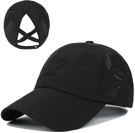 Fadcaer TrailHeads Damen Baseball Caps Criss Cross Pferdeschwanz-Baseballmütze Schnell trocknende, verstellbare Netzmütze mit Pferdeschwanzloch für Sport Laufen Tennis (Nylon, Schwarz)