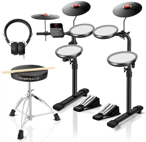 MK-0 Elektrisches Schlagzeug Set mit 4 Quiet Mesh Elektronischen Pads, 5 Zoll Kick Drum 12 Soundkits und 68 Authentische Sounds, USB MIDI, Thron, Sticks, Kopfhörer, 2 Schaltpedale für Anfänger
