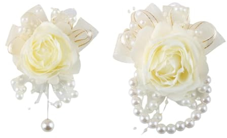 TONZN Perlenrose, Blume fürs Handgelenk, Beige und Perlenkette, Goldfolie, Blumenarmband fürs Handgelenk der Brautjungfern (Ansteckblume + Blume fürs Handgelenk)