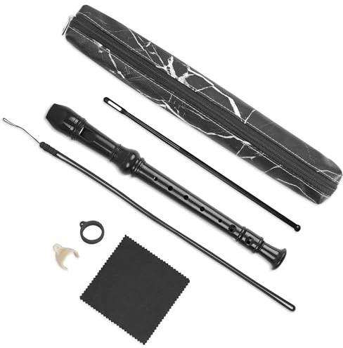 Czzmy Flauta de pico soprano, con bolsa de piel sintética, varilla de limpieza y mesa de dedos,Paños de limpieza, trampas de mano, soportes, correas (6-mármol negro)