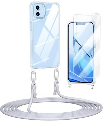 Anshow Verbesserte Handykette für iPhone 11 Hülle mit Band + 1 Schutzfolie, Necklace Stoßfest Handyhülle iPhone 11 Case Transparent Schutzhülle zum Umhängeband Abnehmbar, Silber