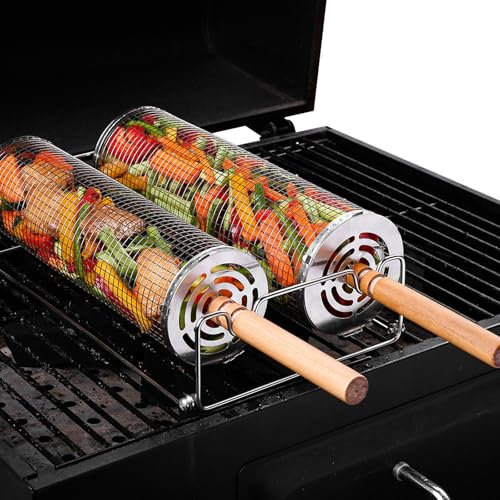 Grillkörbe, 304 Edelstahl, Grillkorb mit abnehmbarem Holzgriff, ineinander stapelbar, antihaftbeschichtet, für Gemüse, Meeresfrüchte, Garnelen, langlebiges Camping- und Outdoor-Kochzubehör