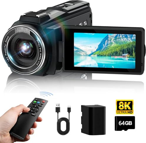 Caméscope vidéo 8K, caméra de vlogging à vision nocturne IR 64 MP, zoom 18 x 3 pouces, écran tactile LCD avec couvercle pour YouTube avec WiFi, carte SD 64 G, télécommande,