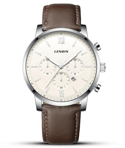 LN LENQIN Herrenuhren Analog Quarzuhren mit Lederarmband 30M Wasserdicht Armbanduhren für Männer mit Auto Datum Elegantes Geschenk für Männer -Kaffee weiß