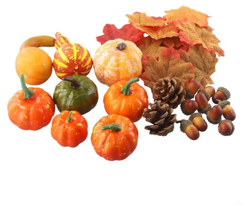 Oniissy Set di zucche in schiuma per decorazione autunnale, 50 pezzi, decorazioni per Halloween con foglie d'acero seta, pigne e ghiande in plastica (50 pezzi)