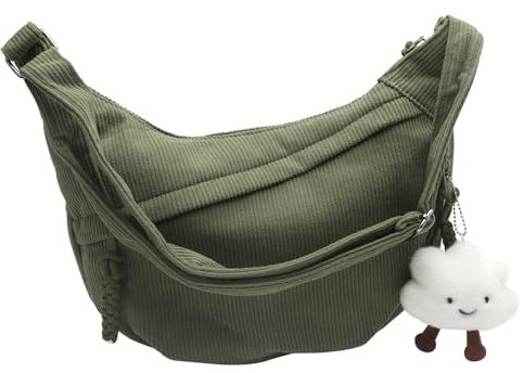 HENGBIRD Halbmond Tasche Damen, Grün Half Moon Bag, Moon Bag Large Small, Crossbody Bag Damen Groß, Bauchtasche Cord, Cord Uni Tasche Damens, UmhäNgetasche Cords