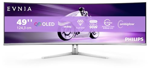 Philips Evnia 49M2C8900LA - 49 Zoll DQHD OLED Curved Gaming Monitor, 144 Hertz, 0,03ms GtG, HDR400, Ambiglow (5120x1440, HDMI 2.1, DisplayPort 1.4, USB-C, USB Hub) Weiss