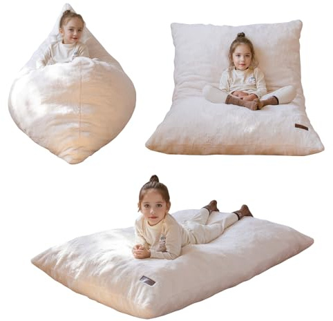 MAXYOYO 3 in 1 Kids Bean Bag Chair Bed, Child Floor Sofa for Gaming, Reading, Faux Fur Floor Mattress with High-Density Foam Filling for Living Room Bedroom