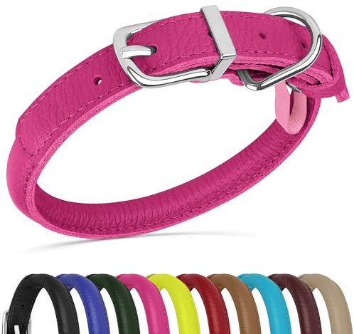 OOPSDOGGY Hundehalsband aus gerolltem Leder, weich, für kleine, mittelgroße und große Hunde, Welpen (Rosa, XS, 20,3 - 27,9 cm)