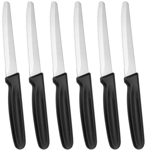 LNQ LUNIQI Set di 6 coltelli da colazione con manico nero, in acciaio inox, taglio ondulato, 20 cm, per cucina, sala da pranzo