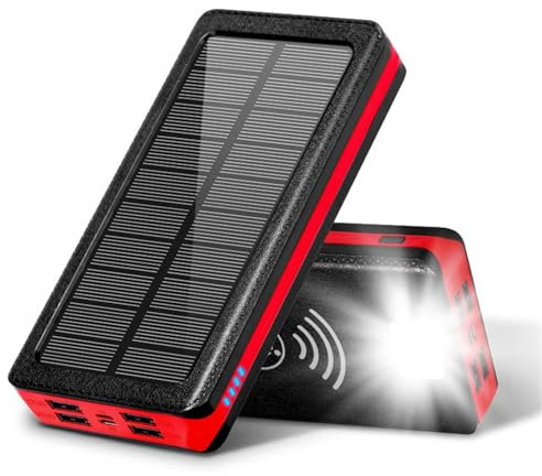 Chargeur Portable de Banque d’Alimentation Solaire sans Fil avec Grande capacité 4 Batterie Externe USB Charge Rapide étanche, Lampe de Poche, 30000mAh