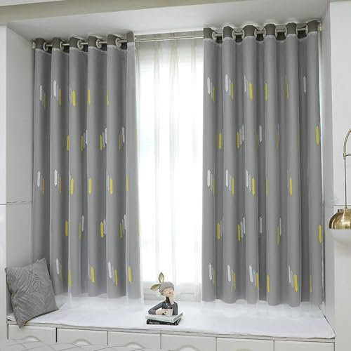 Epinki 2er Pack Vorhänge Wohnzimmer Deko Ösen, Vorhänge mit Motiv Weizen Gestickt Doppelschicht Gardinen Vorhänge Verdunkelung aus Stoff Grau H214 x B86 cm