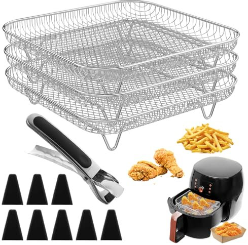 3 Piezas Rejilla para Freidora de Aire Cuadrada Accesorios para Freidora de Aire Rejillas Apilables Inoxidable Con 8 Pies de Silicona, 1 Clip Antiquemaduras, Apto para Hornear y Cocinar Deshidratado
