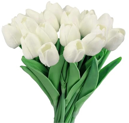GIUSOBG Tulipani Artificiali 15 Pcs Fiori Artificiali Finti 34cm Tulipani in lattice Fiori Finti di Realistici Bouquet di Fiori finti per Casa per Matrimoni,Giardino (Bianco)
