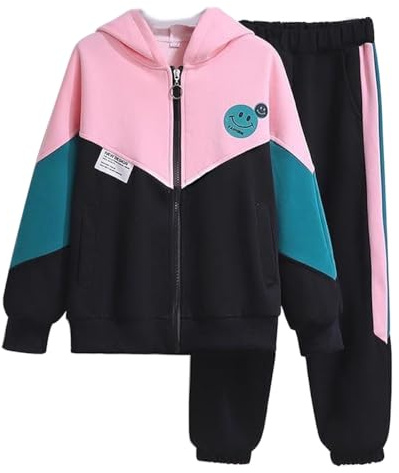 linboo Kinder Jogginganzug Mädchen Sportkleidung Set Sweatjacke und Jogginghose Sportanzug Trainingsanzug Activewear, Schwarz, 146-152(Herstellergröße: 160)