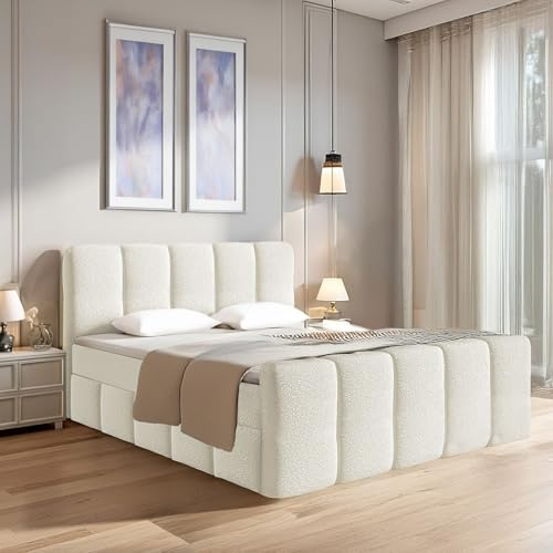 Juskys® Boxspringbett Manitoba 180 x 200 cm - Modernes Design mit Bouclé-Stoff, Gepolstertes Kopfteil, Inkl. Topper - Creme