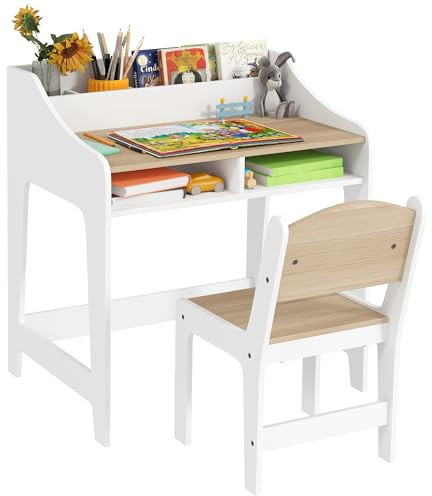 Qaba Set Escritorio y Silla para niños con Almacenamiento Madera Natural