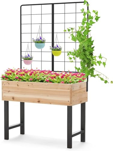 HOMASIS Pflanzkasten mit Rankgitter, Pflanzkübel mit Metallspalier, Hochbeet aus Holz, Blumenkasten Pflanzgefäß Rankkasten Gartenspalier Rankhilfe für Balkon, Garten, Terrasse, 79x35x108cm, Natur