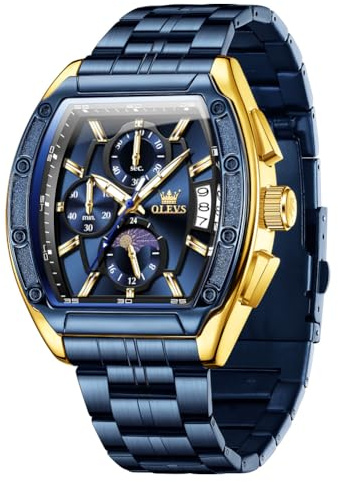 OLEVS Herrenuhr, 42x41mm tonnenförmiges Zifferblatt, Edelstahlarmband, kratzfestes Glas, 30m wasserdicht, Quarzwerk, modische Business-Armbanduhr