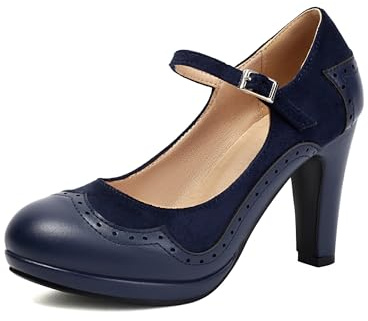 graceretro dam Mary Jane Wingtip klassisk och retro 1920-talet pumps klackar oxfordmönster vintage rund stängt tåparti 1950-talet ankelrem klänning skor, blå, 37 EU