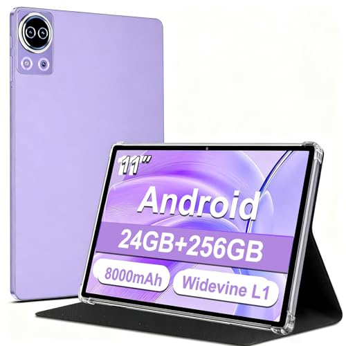 Tablette 11 Pouces Android 14 avec 24 Go RAM + 256 Go ROM, FHD Tablette Tactile avec Widevine L1, 5G+2.4G WiFi, GPS, Octa-Core 2.0 GHz, 8000 mAh, 13 MP + 5 MP, Tablette avec étui de protection, Violet