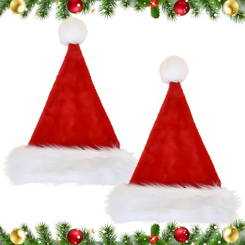 Finsink 2er Pack Weihnachtsmützen für Erwachsene - Rote Weiße Weihnachtsmann Mütze & Nikolausmütze mit Flauschigem Bommel - Festliche Partyhüte für Familienfeiern, Weihnachtsfest & Geschenkideen