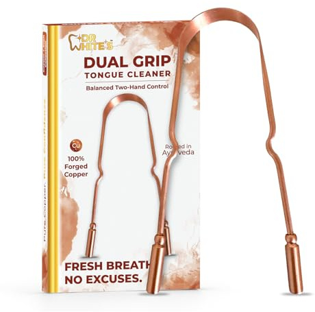 Dr. White's Zungenschaber aus Kupfer – Zungenreiniger-Werkzeug für frischen Atem, Dual-Grip, rostfrei, langlebig – 100% geschmiedetes Kupfer, für Erwachsene und Kinder