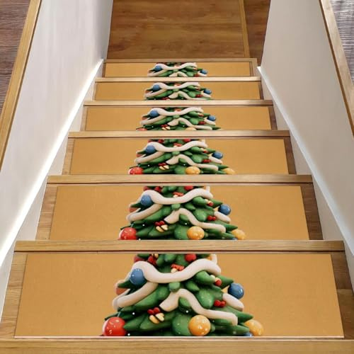 Alfombra antideslizante de árbol de Navidad de dibujos animados, 15 unidades, 8 x 30 pulgadas, para peldaños de madera en interiores, alfombra resistente con tapete reutilizable, sin residuos para