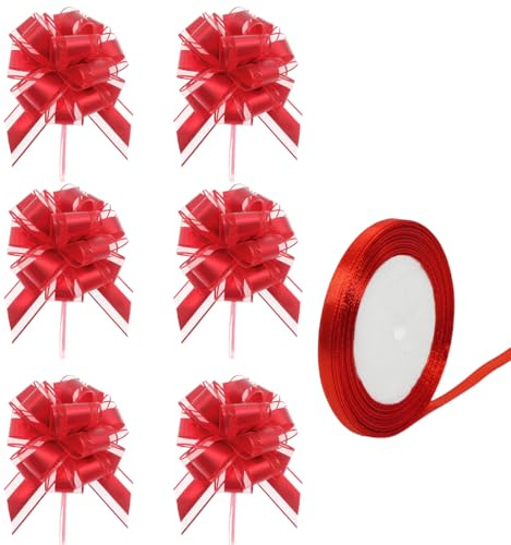 YUVKIN 6 pezzi grandi fiocchi da regalo, tiranti con nastri, un rotolo di rosso per confezioni, 18 cm, decorativi per fai da te, imballaggio, coccarde matrimonio, compleanno, regalo (rosso)