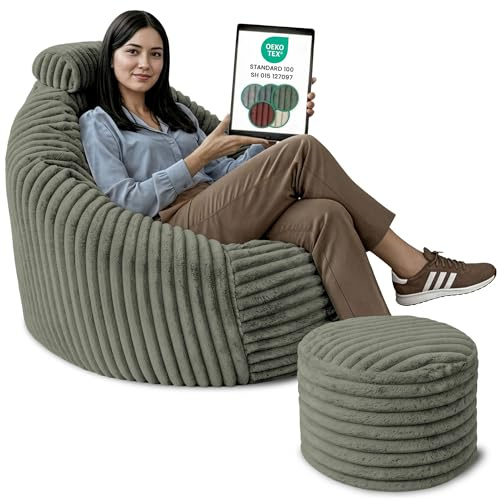 DreamRoots Sitzsack Erwachsene Cord, Sessel mit Hocker, Grün