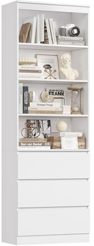 FirFurd 202 cm Bücherregal Bücherschrank mit 3 Schubladen 4 Fächern Hochschrank Wohnzimmerschrank mit verstellbaren Ablagen Vitrinenschrank für Wohnzimmer Arbeitszimmer Küche 202x60x35 cm weiß