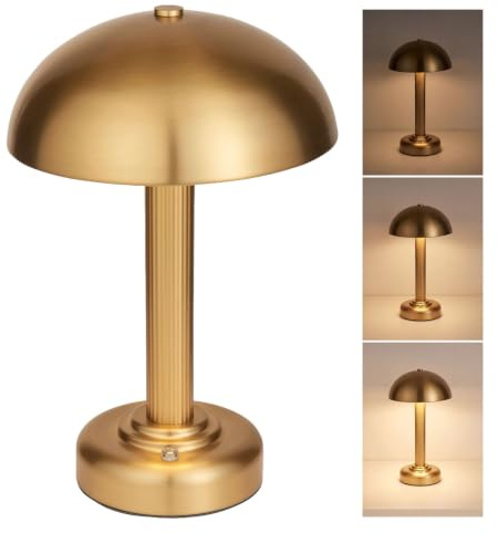National Lighting Badsey Brass Rechargeable USB-C Table Lamp 180mm x 277mm - Elegant Small Table Lamp with 3-Step Touch Dimmer - Warm White Glow, 55-Hour Battery Life for Bedroom, Dining, Living Room