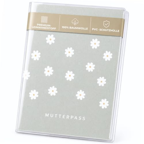 FreudenPost® Mutterpass Schutzhülle & Mutterpasshülle aus Leinwandstoff – Geschenk zur Schwangerschaft & Geburt – Fach für Ultraschallbilder – stilvoll & langlebig (Gänseblümchen grün)