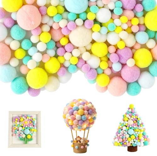 270 Stück Bunte Pompons zum Basteln + 100 Stück Klebepunkte Set, 1-2.5cm Mini Pompons zum Basteln, Filzkugeln, Mehrfarbige Flauschige Bälle für Lustige DIY Handwerk, Dekoration & Bastelprojekte