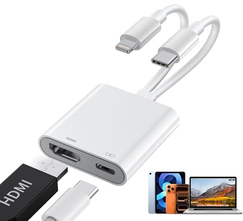4K@60Hz Adaptador USB C y Lightning a HDMI para iPhone [Certificado MFi] 100W Adaptador USB-C a HDMI para iPhone17/16/15/Galaxy Adaptador HDMI a iPhone 17-5/iPad/macbook para TV/Proyector/Monitor