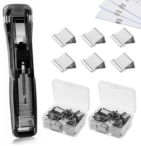 Set Pinzatrice senza Punti, 1 Pinzatrice Portatile + 100 Graffette Riutilizzabili, Nero, Plastica, con Scatola Portagraffette, per Ufficio, Casa e Organizzazione Cavi