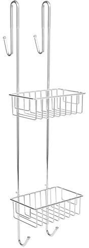 Bamodi Shower Caddy Hanging - 2-Tier Over Door Shower Basket Chrome-Plated - No Drilling Required - Fits Screens up to 2 cm - Hangable Shower Rack with 2 Towel Hooks (70 x 19 x 18.5 cm)
