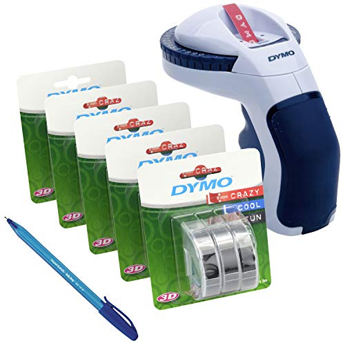 5 x Dymo Embossing Tape Self-Adhesive (S0847730), 9 mm x 3 m, White Print on Black, Pack of 3 + Dymo S0717930 Omega Home Embossing Label Maker, Blue + PaperMate Pen Gift
