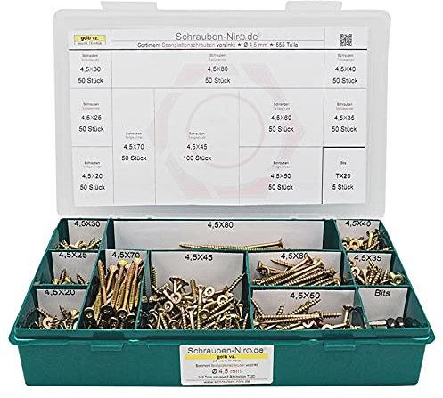 Sortiment/Set Spanplattenschrauben Torx verzinkt gelb - Durchmesser 4,5 mm - Holzschrauben mit Senkkopf
