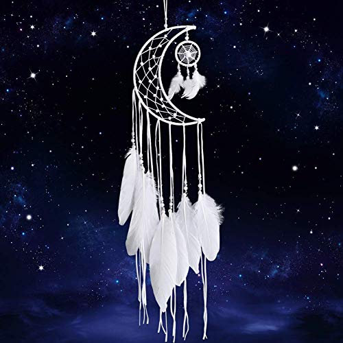 Dremisland Weiß Traumfänger Handgemachte Mond Traumfänger Federn Dreamcatcher Makramee Wandbehang Boho Wand Dekoration Weihnachten Ornamente Craft Geschenk
