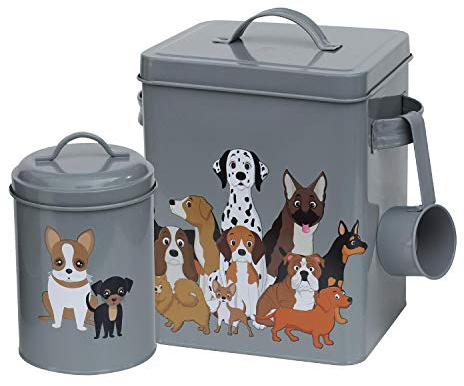 Retro 3PC Metal Dog Food Storage Set: Dog Food Tin, Dog Treats Tin & Serving Scoop - Matt Grey Finish with Quirky Dog Pack Illustration.