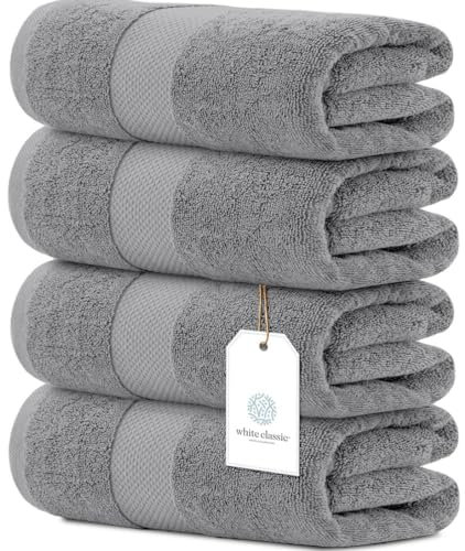 White Classic Luxury Bath Towels Large Pack of 4, Hotel Quality Bathroom Towel 137 x 68 Set, Grey Shower Cotton Towels 4 Pack, Large Thick Plush Bath Towels 700 Gsm For Body, Hair, Pool, Light Grey