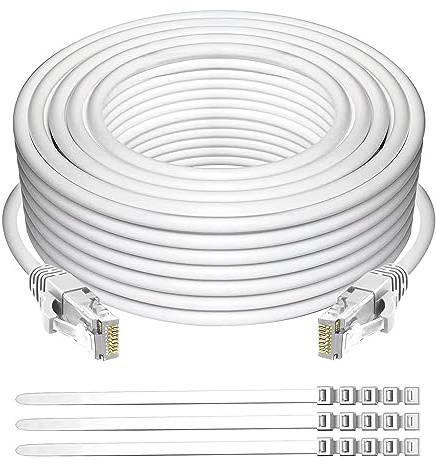 Adoreen Cat 6 Ethernet Cable 50 Ft-White, Outdoor & Indoor Snagless Long Round RJ45 Network Cable, POE, Soft Flexible Gbps Internet LAN Computer Patch Cord for Router Modem Switch Fast Gaming+ Ties