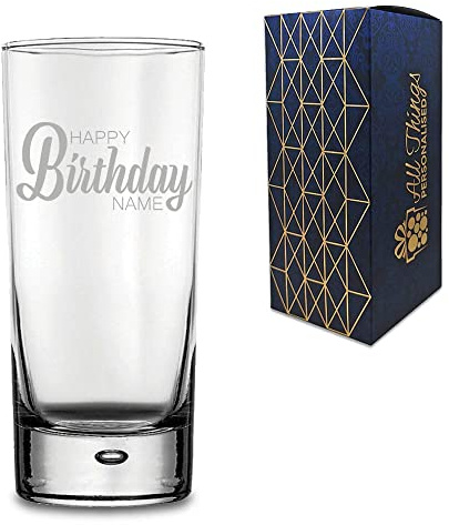 Personalised Engraved Bubble Hiball Glass Tumbler with Happy Birthday Name Design, Gift Boxed, Personalise with Any Name